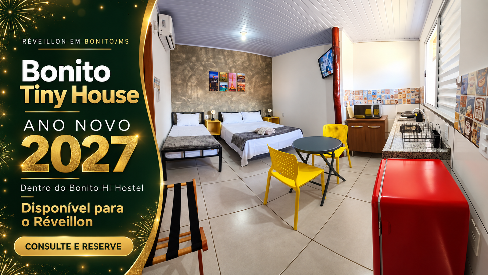 Bonito Tiny House com camas de casal e solteiro e cozinha compacta; anúncio do Ano-Novo 2027