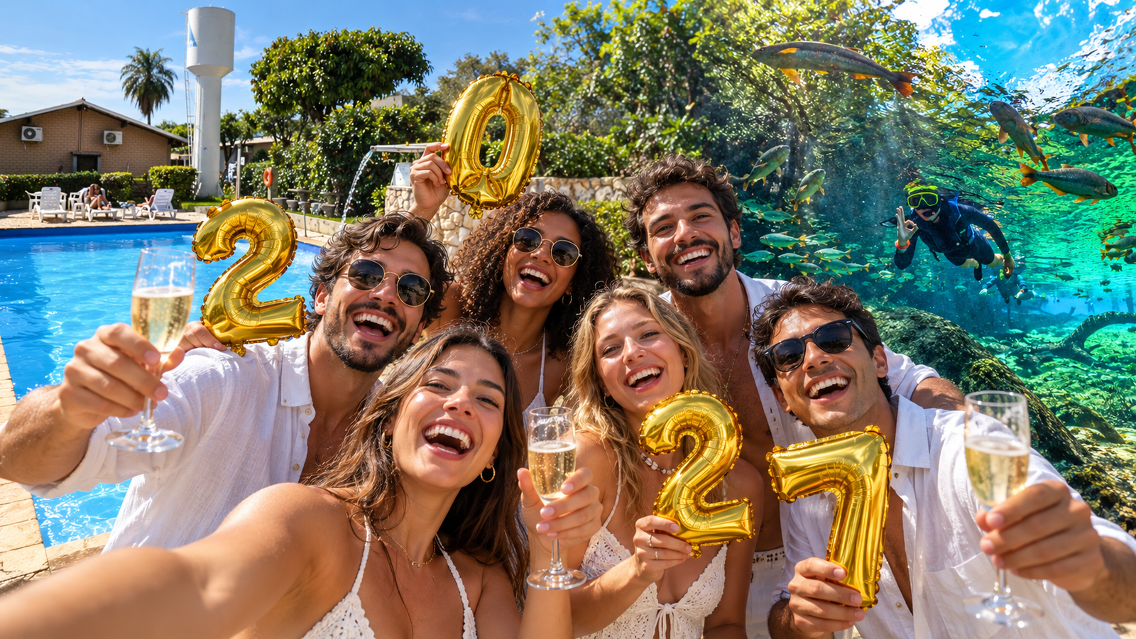 Composição de Ano-Novo em Bonito com amigos, balões de 2027, piscina e águas cristalinas